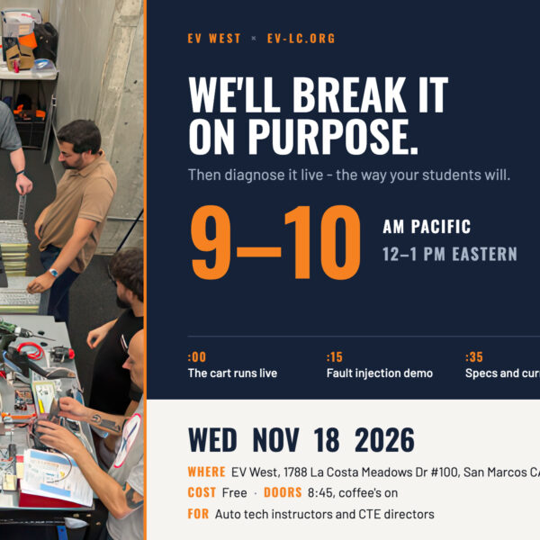 Carts & Coffee, Wed Nov 18 2026, 9-10 AM Pacific, EV West x EV-LC.org. We will break it on purpose, then diagnose it live.