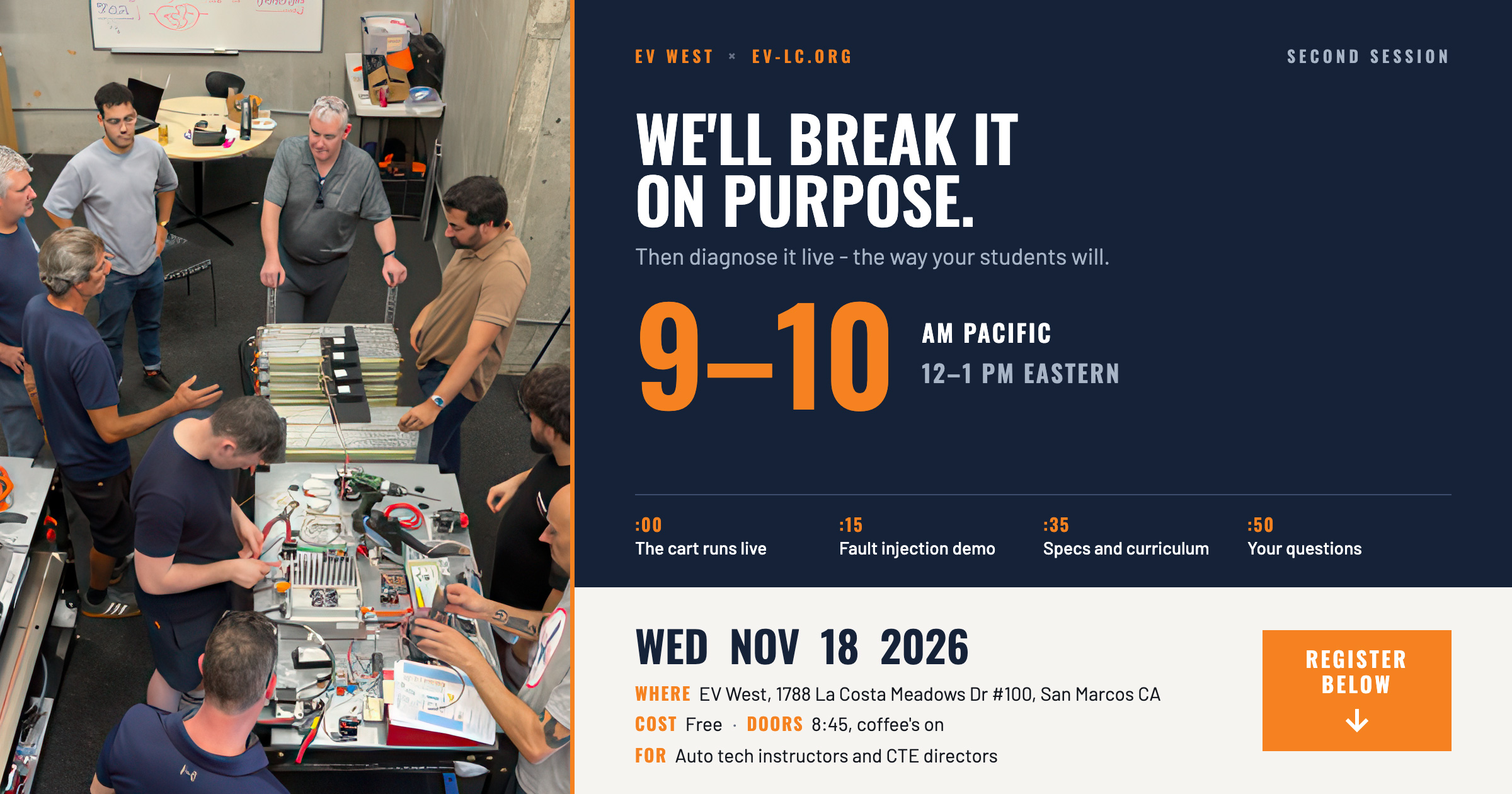 Carts & Coffee, Wed Nov 18 2026, 9-10 AM Pacific, EV West x EV-LC.org. We will break it on purpose, then diagnose it live.